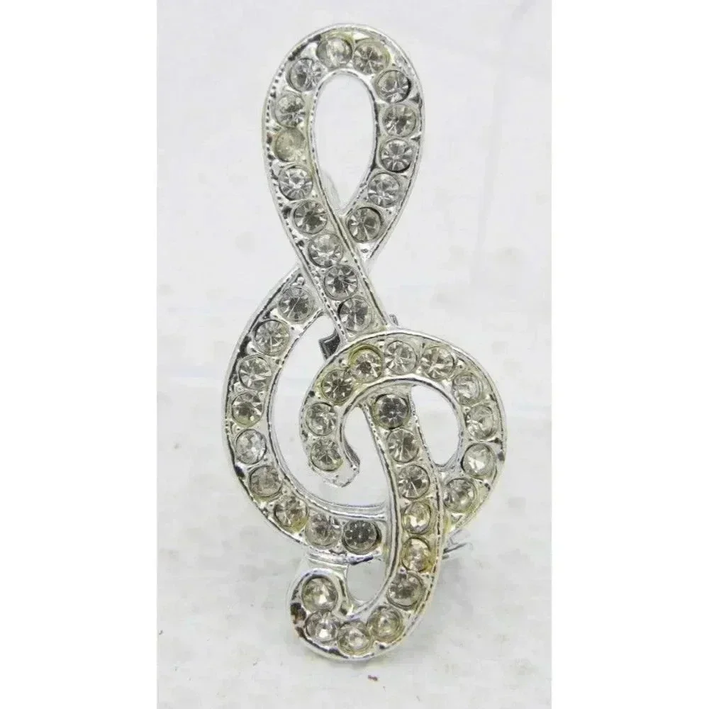 VTG Silver Tone Clear Rhinestone Treble Clef Pin Brooch